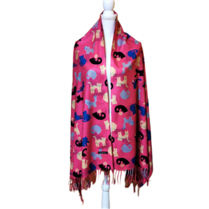 Esarfa tip casmir imprimeu cu pisicute si gheme pe fond ciclam, 180 x 70 cm, model 1