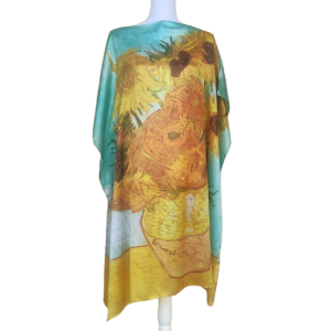 Rochie plaja tip poncho din matase, design turcoaz galben