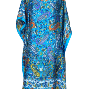 Rochie plaja tip poncho, imprimeu oriental pe fond albastru