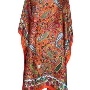 Rochie plaja tip poncho, imprimeu oriental pe fond portocaliu