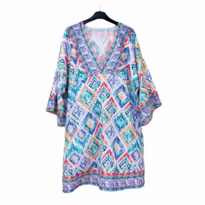 Rochie scurta de plaja, imprimeu geometric multicolor cu romburi