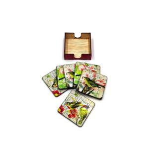 Set suporti pahare, design vintage cu pasari si cutie depozitare