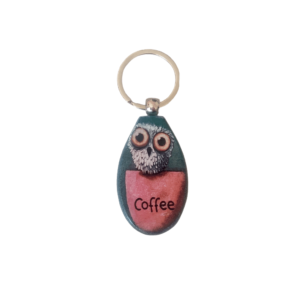 Breloc lemn lucrat manual, bufnita si cafea