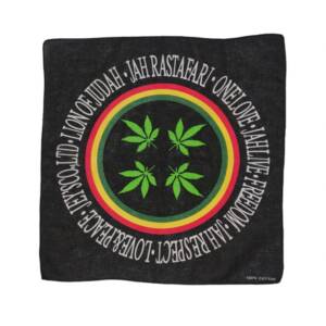 Bandana/ batic patrat din bumbac cu imprimeu cercuri rosu, galben, verde si frunze de marijuana pe fond negru