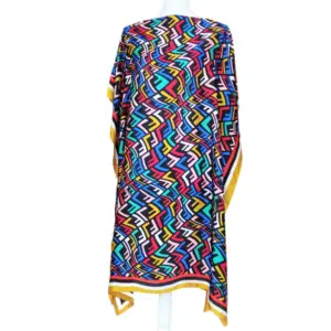 Rochie plaja tip poncho, model geometric multicolor, margine galbena