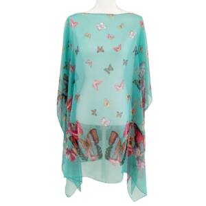 Rochie plaja tip poncho, transparenta, imprimeu cu fluturi pe fond verde