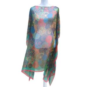 Rochie plaja tip poncho cu mandale si margine portocaliu cu verde