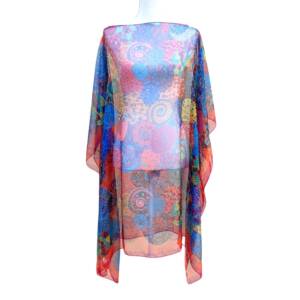 Rochie plaja tip poncho cu mandale si margine portocaliu cu rosu