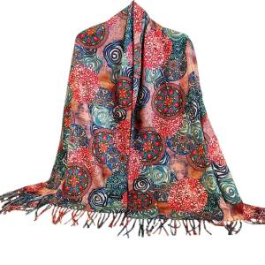 Esarfa tip casmir imprimeu multicolor cu mandale pe fond roz plamaniu