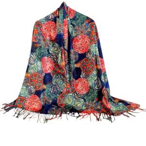 Esarfa tip casmir imprimeu multicolor cu mandale pe fond bleumarin