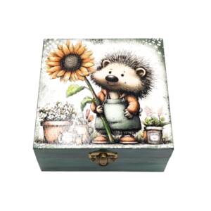 Cutie decorativa din lemn, Arici cu floarea- soarelui