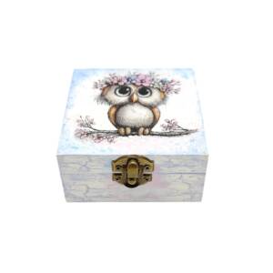 Cutie decorativa din lemn, Bufnita cu coronita roz bleu