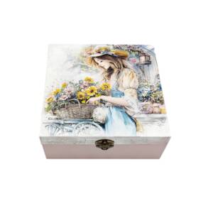 Cutie decorativa din lemn, Fata cu caruciorul cu flori