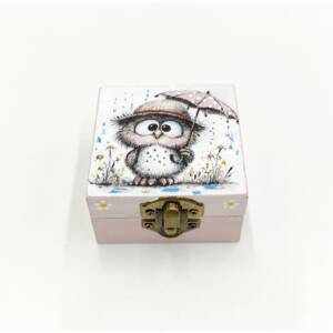 Set lucrat manual, cutiuta lemn si cercei, Bufnita cu umbreluta